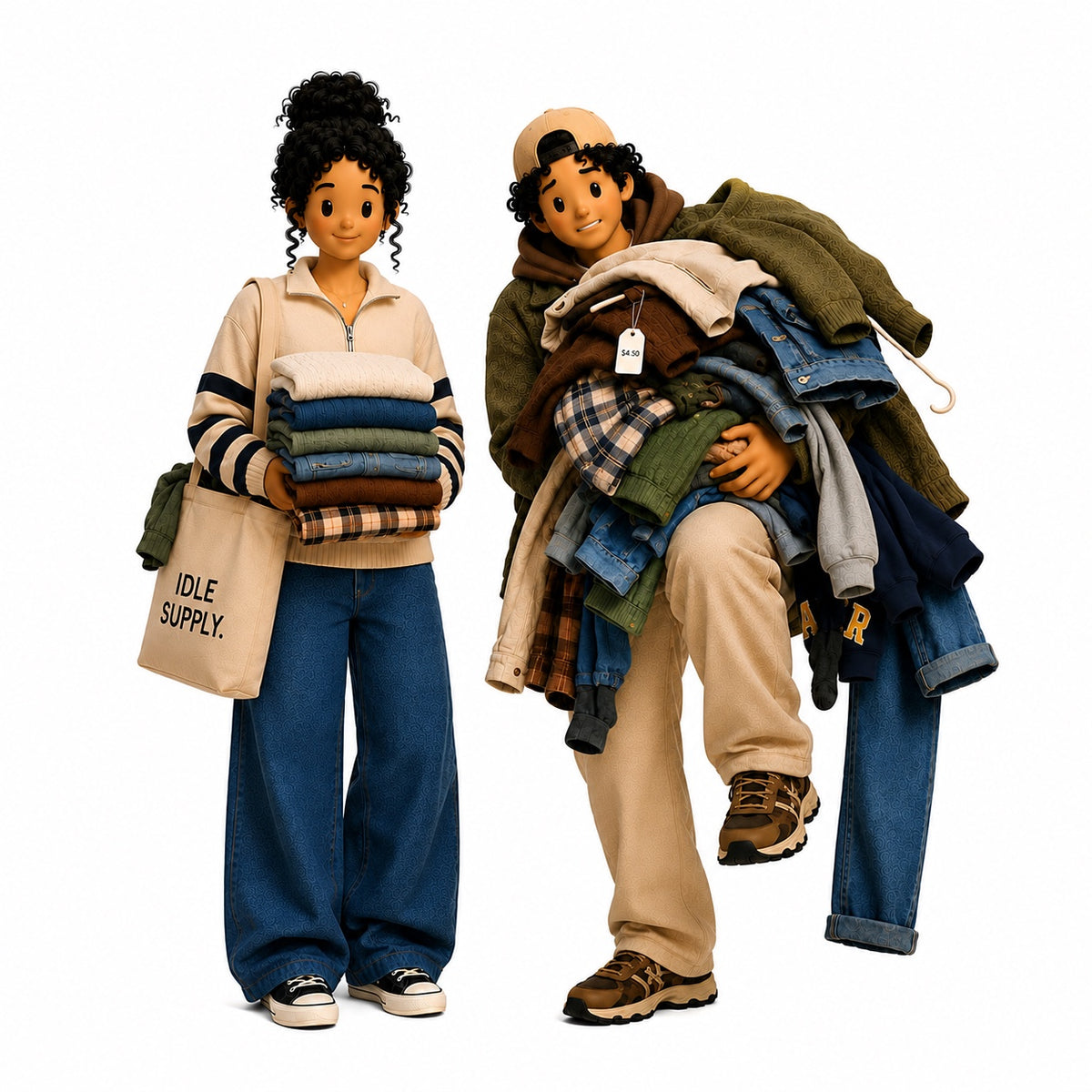 Rue holding folded clothing beside Milo carrying a pile of secondhand clothes.